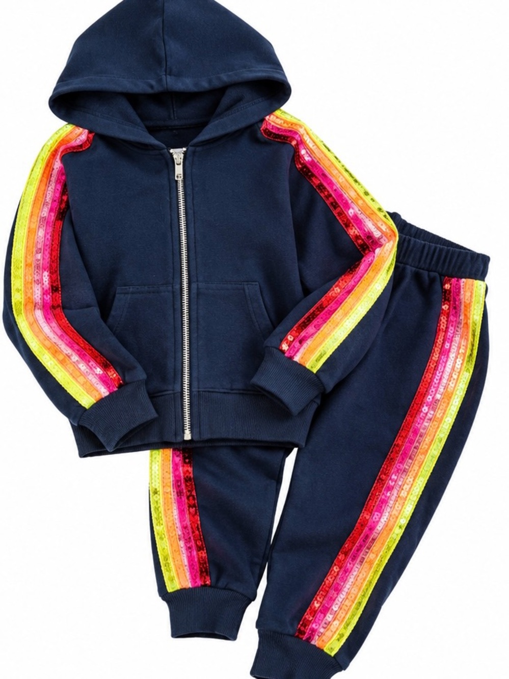 Lola + The Boys Navy Hoodie & Jogger Set with Rainbow Sequin Stripes